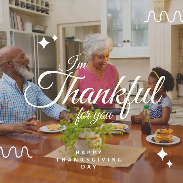 Composition of happy thanksgiving day text over senior african american couple with granddaughter. Thanksgiving day and celebration concept digitally generated image.