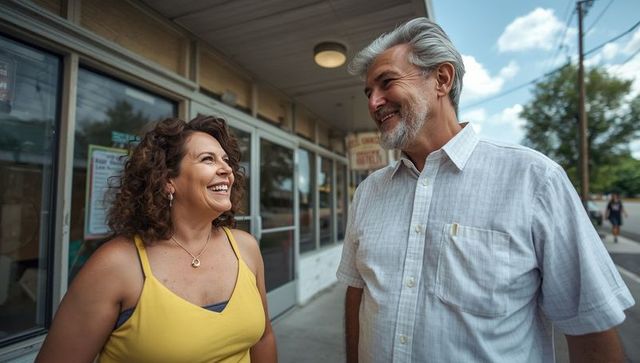 Mature couple smiling while conversing under awning outdoors