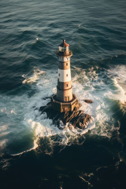 Aerial view showing a solitary lighthouse amid the ocean waves during sunrise. Waves crashing against rocky base, warm lighting in the early hours creates a serene yet dramatic atmosphere. Ideal for topics related to navigation, maritime guidance, coastal life, travel, and scenic ocean views.