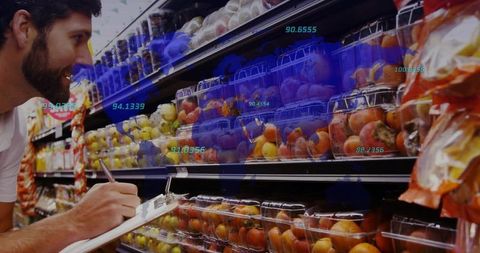 Inspector Analyzing Produce with Data Overlay in Supermarket Aisle