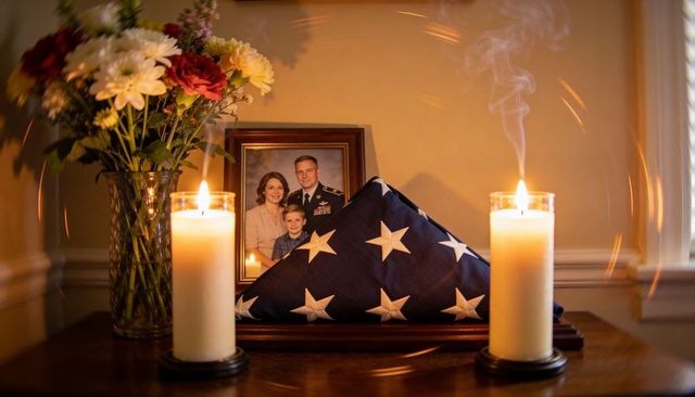 Folded american flag tribute honoring fallen service member with candlelight and flowers