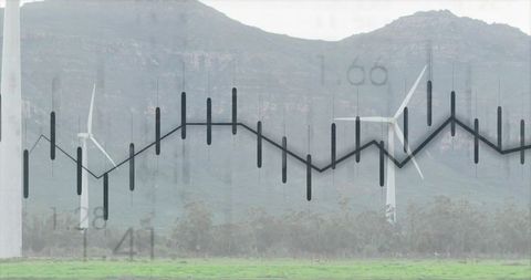 Rotating wind turbines overlaying candlestick chart showing renewable energy investing rise
