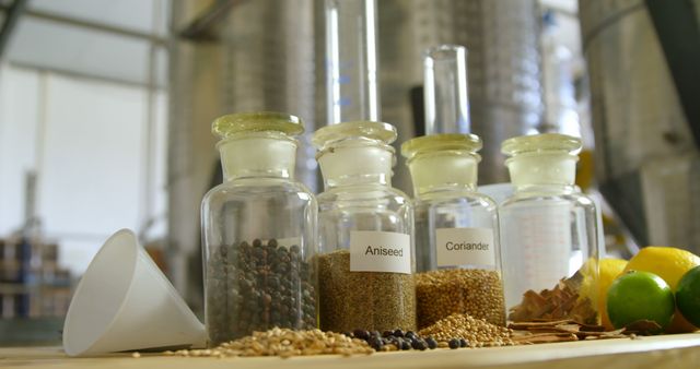 Spice jars containing aniseed and coriander with additional ingredients like peppercorns and herbs on a table in a brewery setting. Useful for advertising culinary products, recipe books, or articles focused on brewing and food preparation.