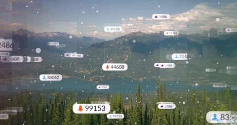 Social Media Growth Icons Over Mountain Landscape