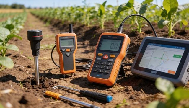 Portable soil sensors, tablet monitoring moisture, nutrients and data logging in crop rows