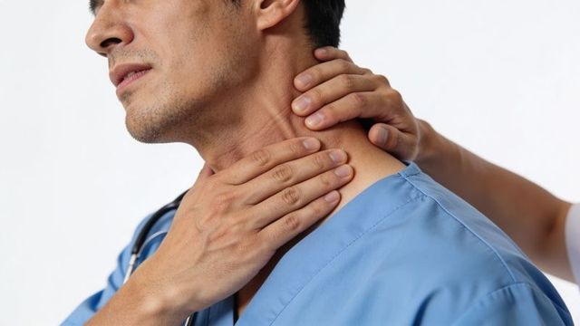 Doctor receiving neck palpation from colleague in blue scrubs close-up medical exam
