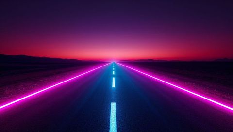 Neon Highway Running Toward Dusk Glow with Blue Centerline and Pink Edge Lights