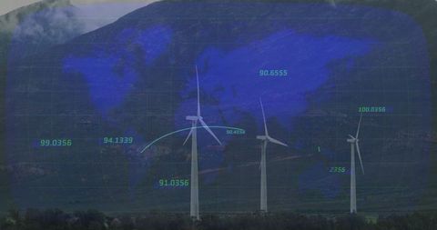 Renewable Energy and Technology with Wind Turbines, Digital Map Overlay