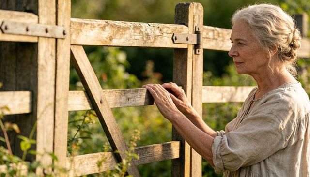 Senior woman standing at weathered wooden gate in sunlit country garden reflecting peacefully