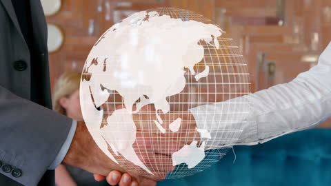 Global Business Partnership Concept with Handshake and Digital Globe