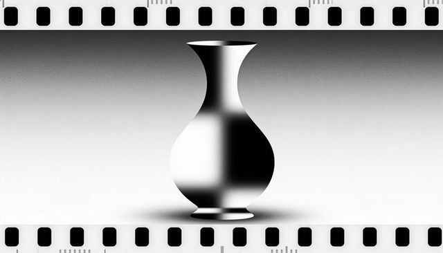 Monochrome reflective vase reflecting studio lights, film-strip border, dramatic gradient