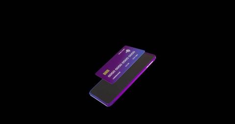 Purple contactless credit card on modern smartphone with glossy black display and neon rim