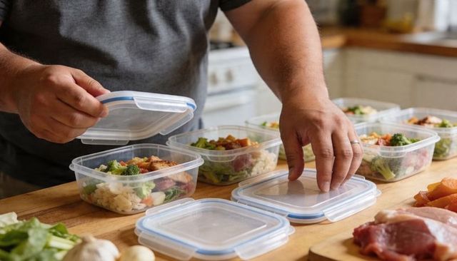 Man sealing meal-prep containers on wooden countertop with blue lids in home kitchen