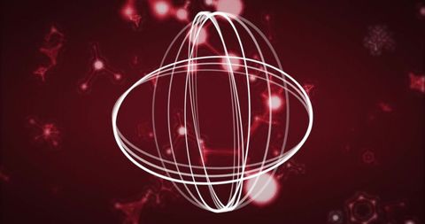 Futuristic glowing sphere with intersecting rings and network patterns