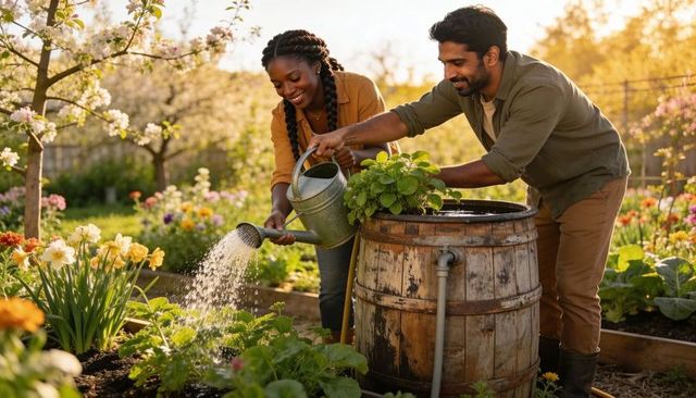 Couple watering garden bed from rain barrel at golden hour, backyard gardening joy and togetherness