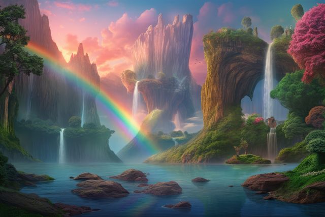 Fantasy landscape with rainbow, waterfalls and lake created using generative ai technology. Fantasy, imagination and colour concept digitally generated image.