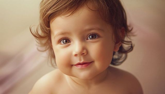 Adorable smiling infant with curly hair and gentle expression