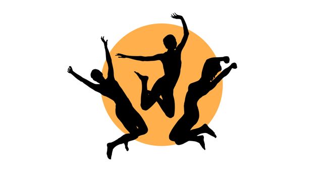 Black silhouettes of three people enthusiastically jumping against an orange circle on white background. Perfect for concepts related to teamwork, celebration, unity, energy, positive attitudes, or fitness. Suitable for websites, brochures, and social media banners promoting community, health, or wellness.