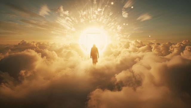 Silhouette walking toward radiant portal above golden clouds at sunrise