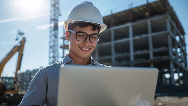 Young engineer reviewing laptop plans at construction site with crane and concrete frame
