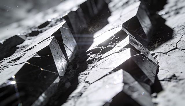 Diagonal reflective prisms cracking through rocky plane with dramatic light and dust