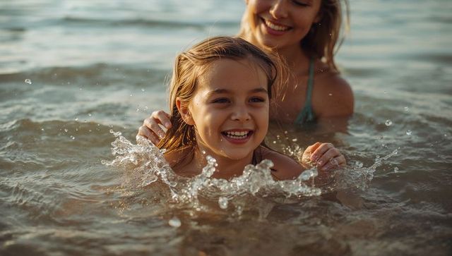 Smiling child splashing in shallow sea while mother supports, sunlit family beach moment