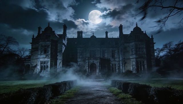 Moonlit gothic manor looming over foggy driveway on full moon night with creeping mist
