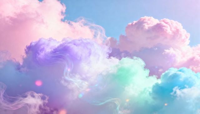 Dreamy pastel cloudscape with swirling vapor trails and glowing orbs for fantasy backgrounds