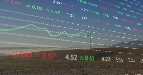 Overlaying financial market data over rural plowed field with utility pole and green trend line