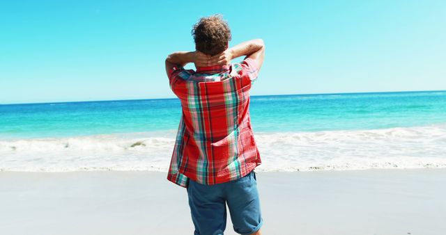 Rear view of excited man standing with arms outstretched on beach 4k