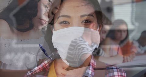 Asian woman wearing mask overlapping studying student background