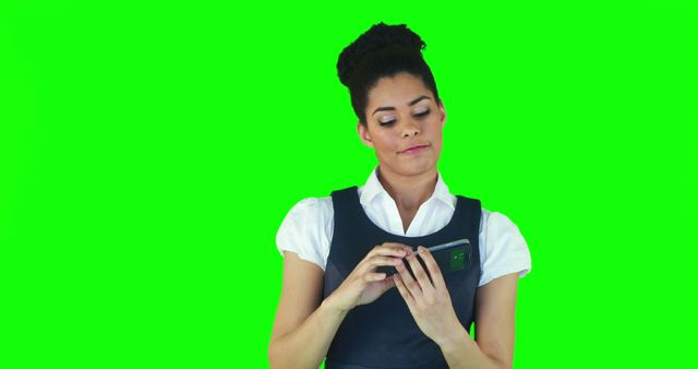 Professional woman wearing business attire using a smartphone in front of a green screen background. Ideal for business and technology themes, presentations, advertisements, and promotional materials where users can change the background easily.
