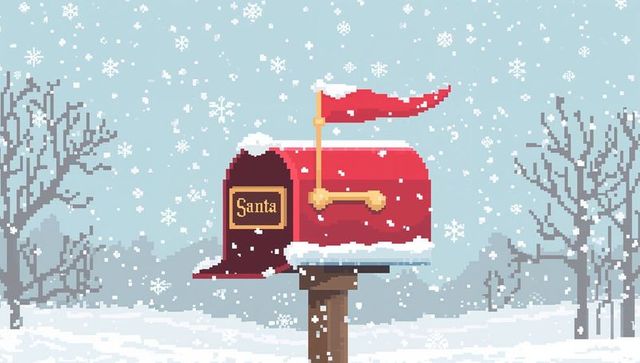 Pixelart red mailbox sitting in snowy park with santa plaque and raised flag, winter scene