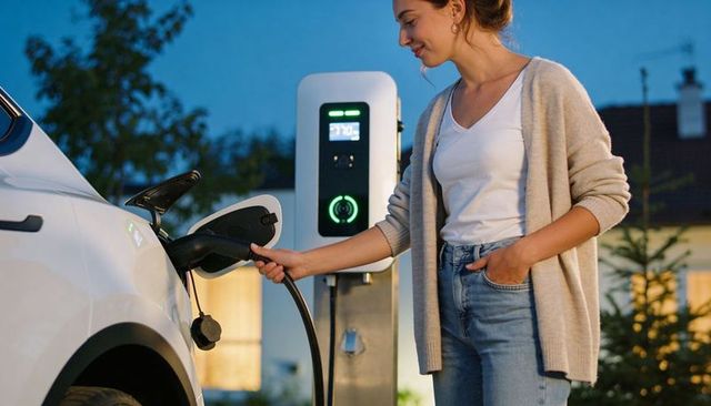 Woman charging electric vehicle at suburban driveway dusk wearing cardigan and jeans