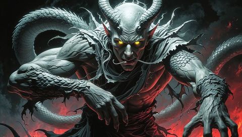 Horned satan lunging in fiery fantasy landscape