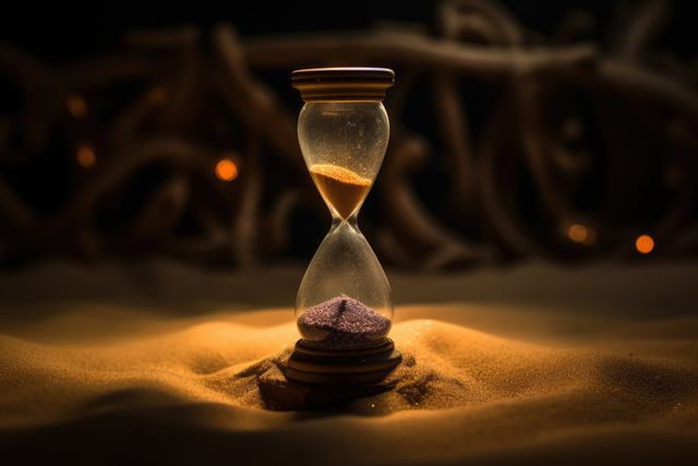 Close up of hourglass on sand in desert with sunlight, created using generative ai technology. Waiting, aging, lifespan and time concept, digitally generated image.