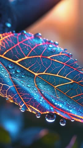 Neon Veined Leaf Shimmering with Dew Drops | Macro Vertical Nature Footage for Calm