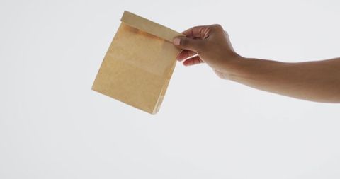 Hand holding brown paper lunch bag on white background