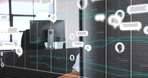 Professional typing at desk with ai chat overlays and binary data streams in modern office