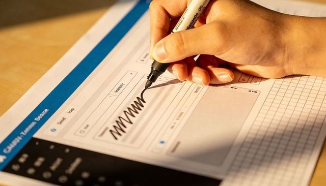 Right Hand Sketching Mobile UI Mockup with Black Marker on Paper Prototype