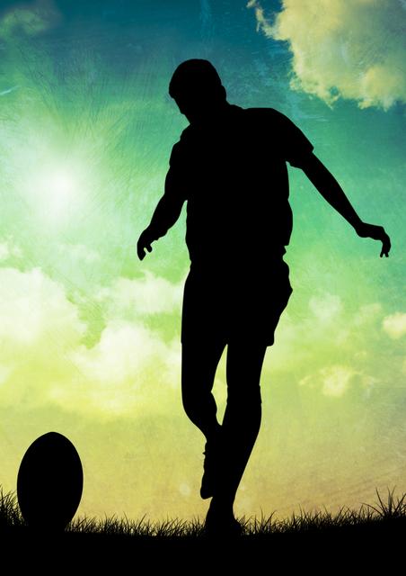 Silhouette of man playing rugby with sun shining above and partly cloudy sky in background. Perfect for promoting sports events, outdoor activities, fitness programs, or capturing inspirational athletic moments. Ideal for use in sports blogs, magazines, posters, and social media campaigns.