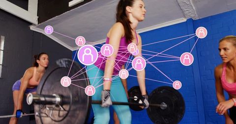 Women deadlifting in strength training with coach, team fitness community network overlay