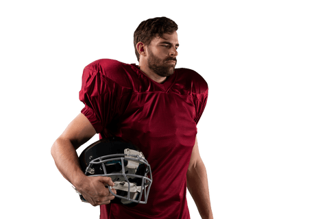 Caucasian male football player holding helmet on transparent background