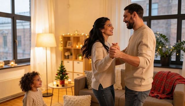 Couple dancing at home with child watching by cozy christmas tree and warm lights