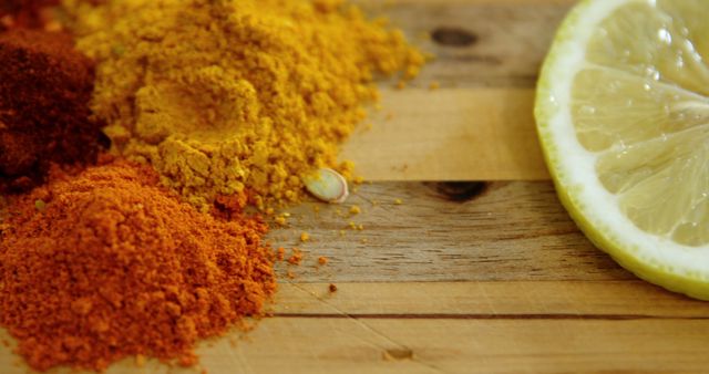 Photo showing powdered spices and a lemon slice on a wooden surface, ideal for use in culinary blogs, cooking websites, or recipe books. Perfect for illustrating spice combinations and adding a visual appeal to food-related content.