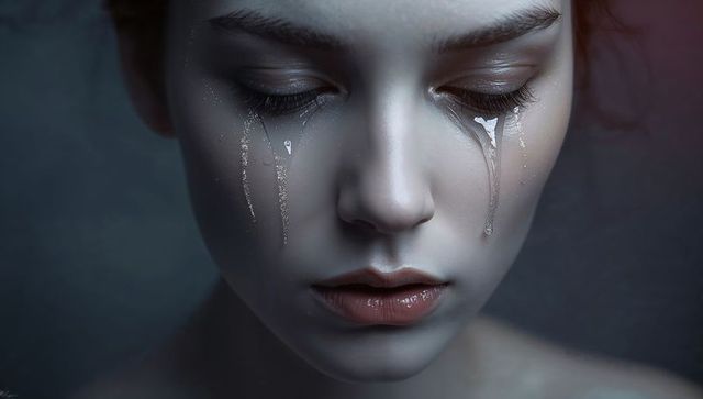 Shedding glittering tears and mascara streaks closeup portrait glossy lips moody beauty