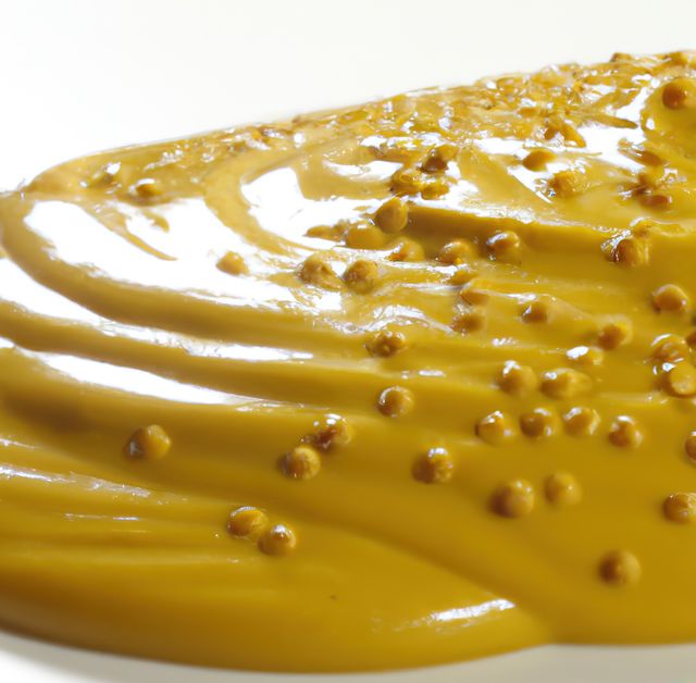Close up of mustard on white background created using generative ai technology. Food and nutrition concept, digitally generated image.