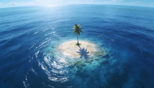 Tropical sand islet with lone palm tree casting shadow on turquoise reef