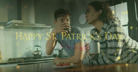 Couple sharing morning coffee in sunlit kitchen celebrating st. Patrick's day