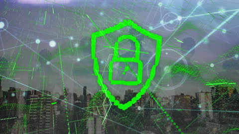 Green Cybernetic Shield over Cityscape with Network Connections